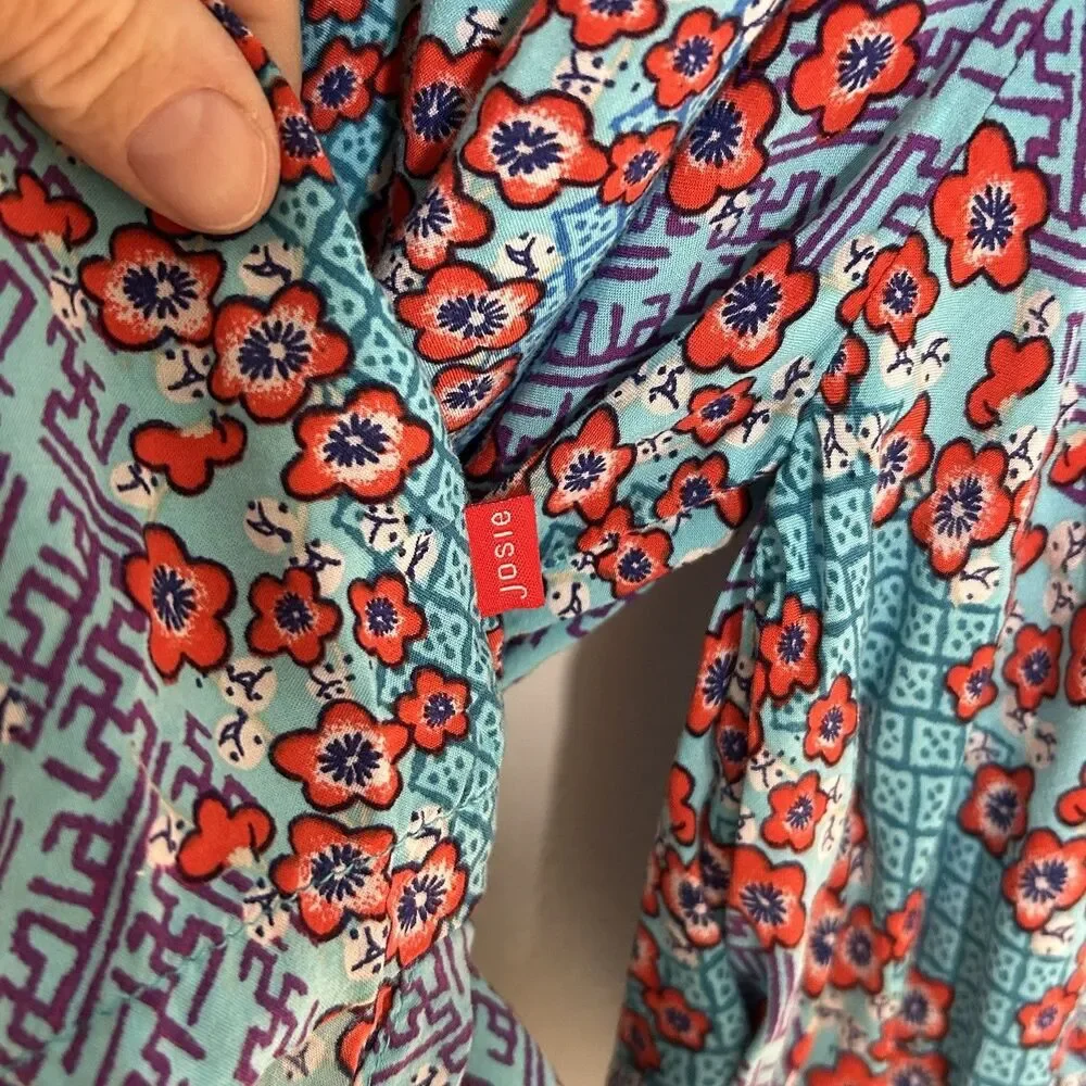Josie Natori Kimono Robe Jacket Size Large Rayon Blue Floral Print Boho Hippie - Picture 7 of 11